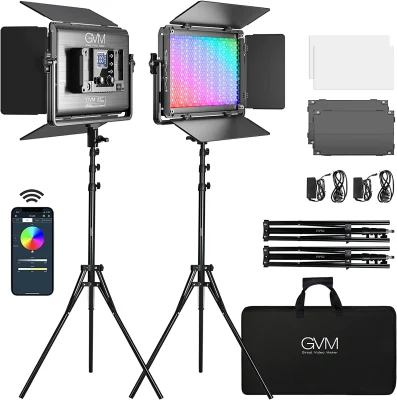 Gvm 1300d RGB-LED-Videoleuchte, 65-W-Videobeleuchtungsset mit Bluetooth-Steuerung, 25000 Lux/0,5 m, 2 Packungen LED-Flächenleuchte für YouTube-Studio, Videoaufnahmen